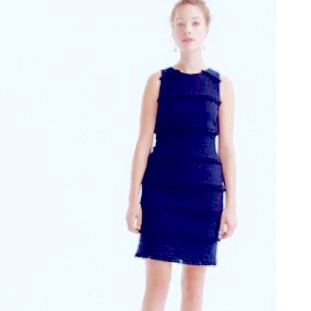 J. Crew Fringe Tweed Sleeveless Navy Blue Dress 8